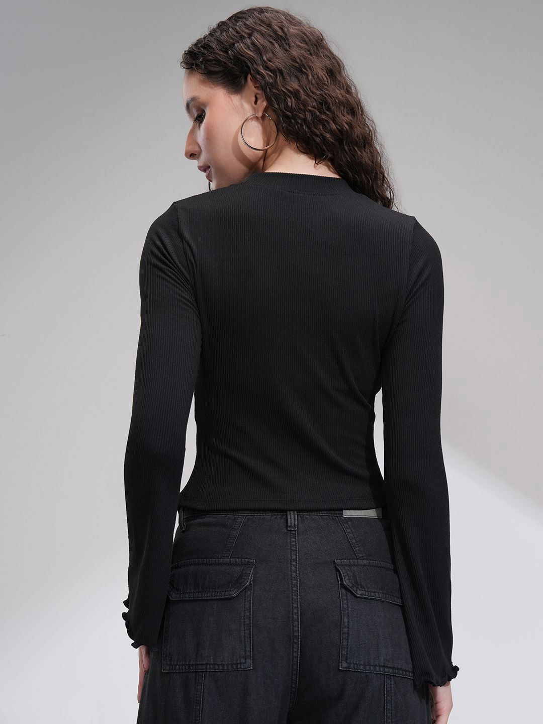 Tokyo Talkies Women Ribbed Mock Neck Bell Sleeve Fitted Top