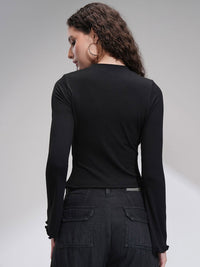 Tokyo Talkies Women Ribbed Mock Neck Bell Sleeve Fitted Top