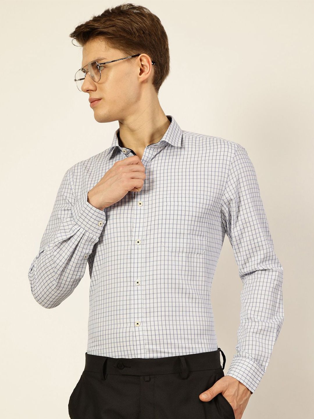Thomas Scott Men Smart Cutaway Collar Gingham Checked Cotton Formal Shirt