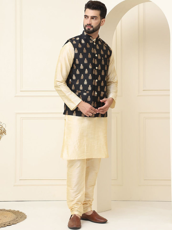 SOJANYA Mandarin Collar Silk Cotton Kurta With Churidar & Woven Design Nehru Jacket