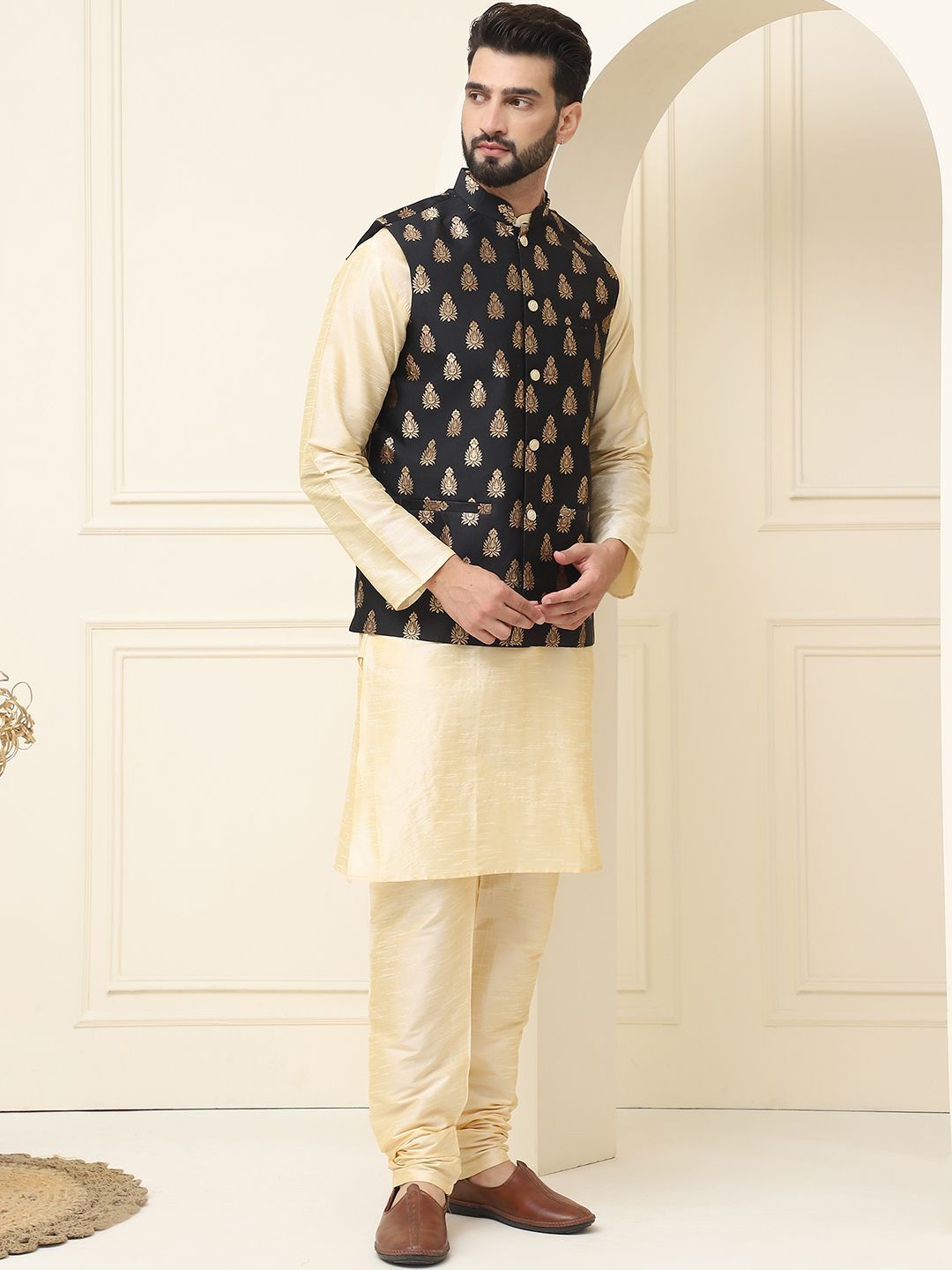 SOJANYA Mandarin Collar Silk Cotton Kurta With Churidar & Woven Design Nehru Jacket