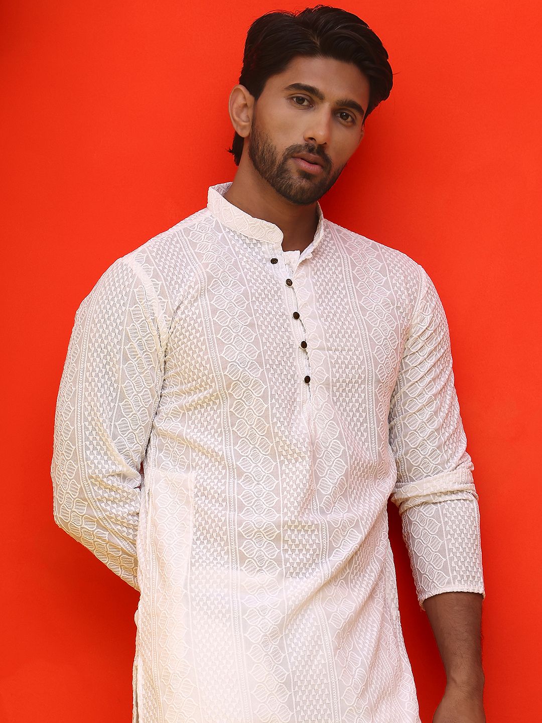 Jompers Men Embroidered Regular Chikankari Pure Cotton Kurta with Churidar