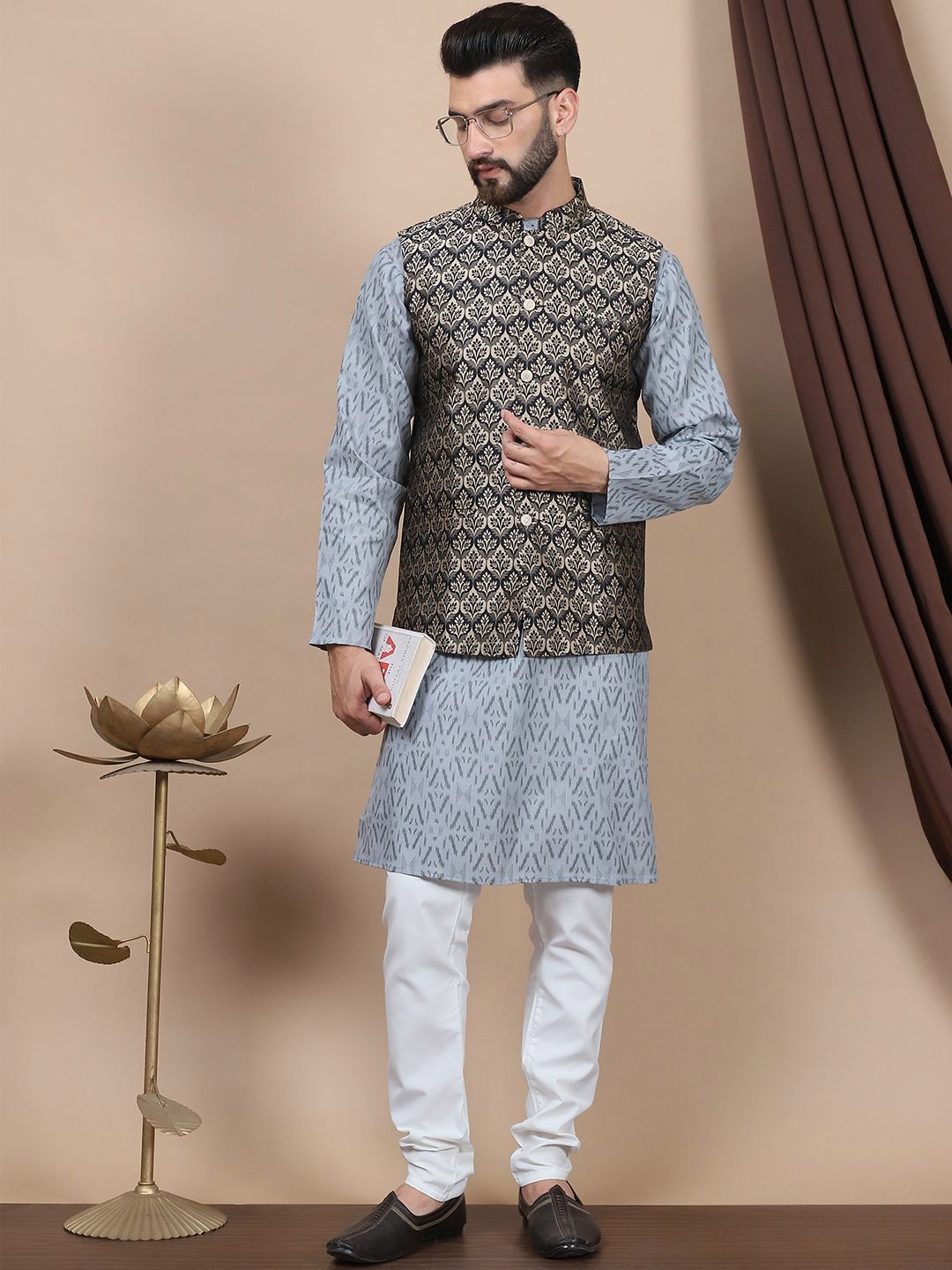 Anouk Geometric Printed Regular Pure Cotton Straight Kurta With Churidar & Nehru Jacket