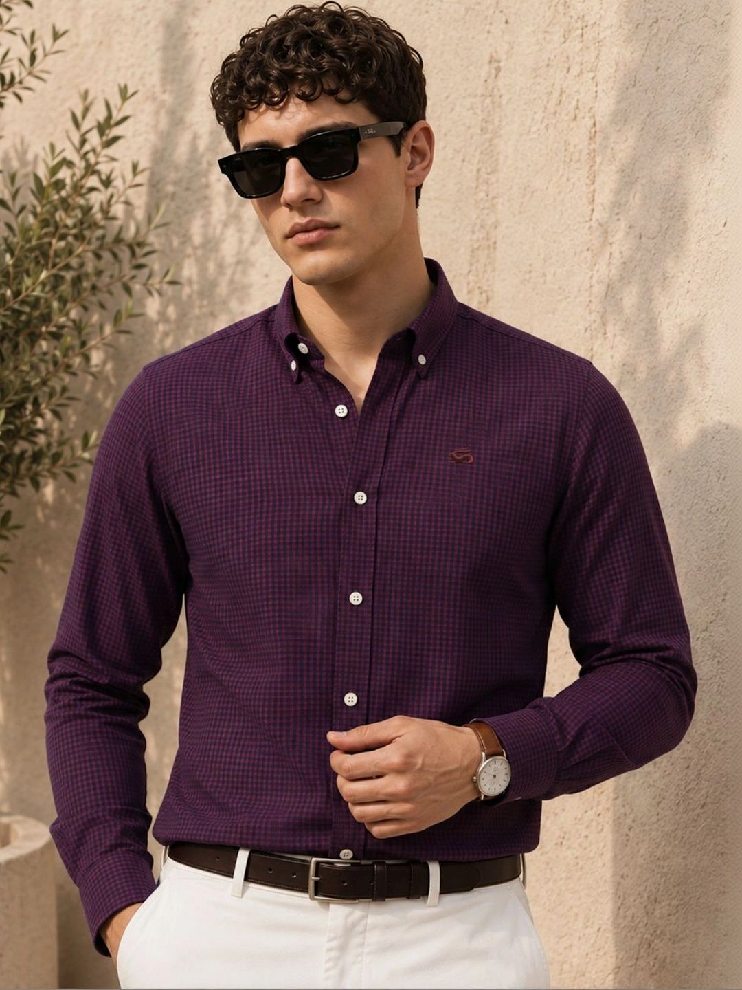ADRO Men Maroon & Navy Mini Checked Regular Fit Casual Cotton Shirt