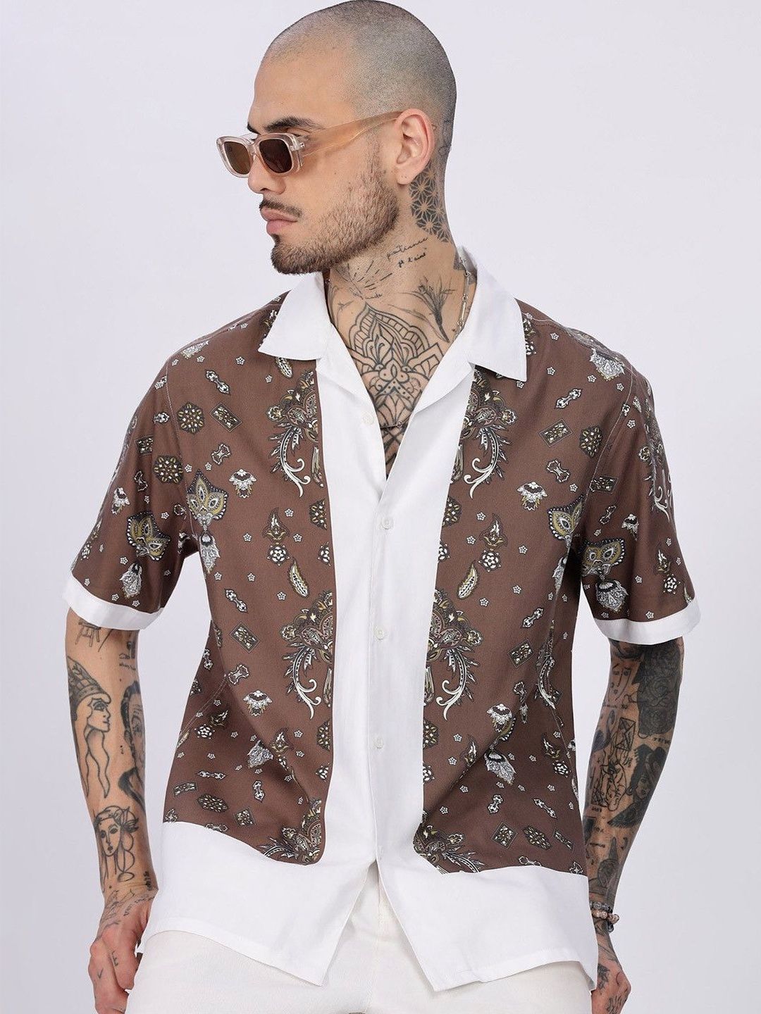 Eszett Bandana Ethnic Motifs Printed Cuban Collar Cotton Shirt