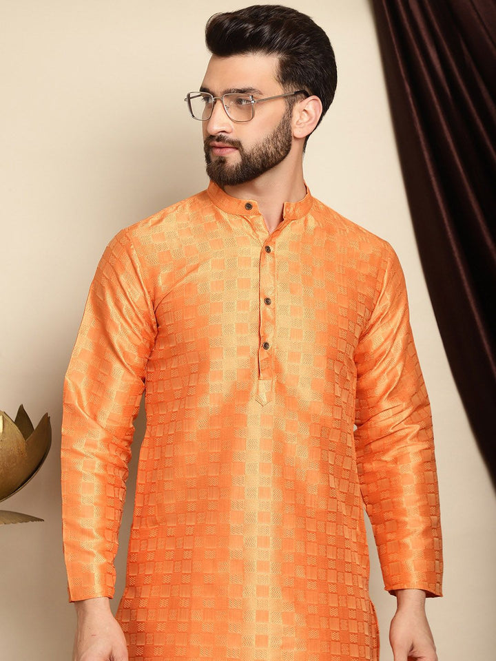 Anouk Orange Mandarin Collar Geometric Woven Design Jacquard Silk Kurta with Pyjamas