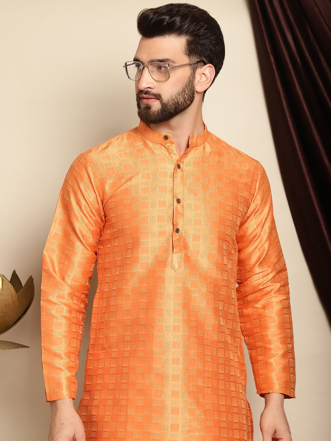 Anouk Orange Mandarin Collar Geometric Woven Design Jacquard Silk Kurta with Pyjamas