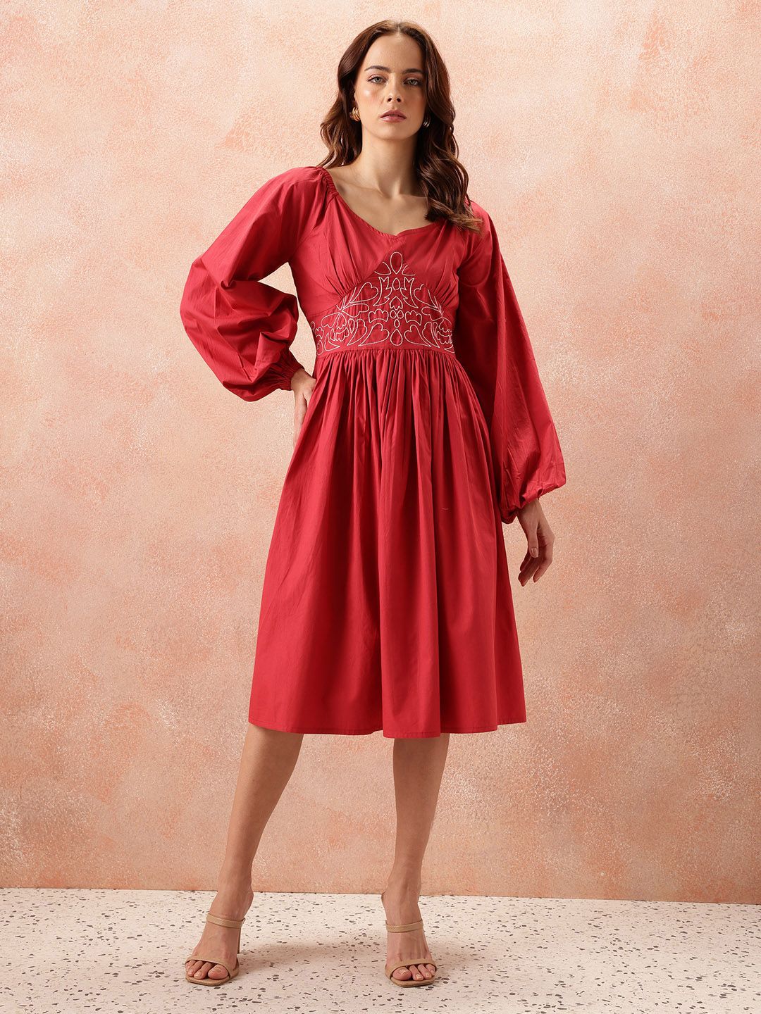 all about you Floral Embroidered Pure Cotton Fit & Flare Dress