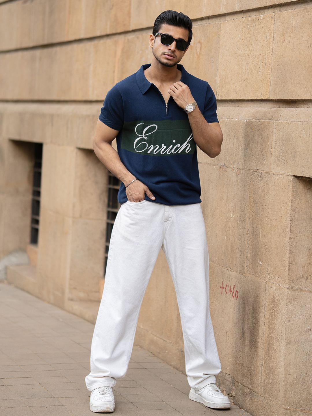 Powerlook SS25 Typography Printed Knitted Polo Collar Pure Cotton T-Shirt