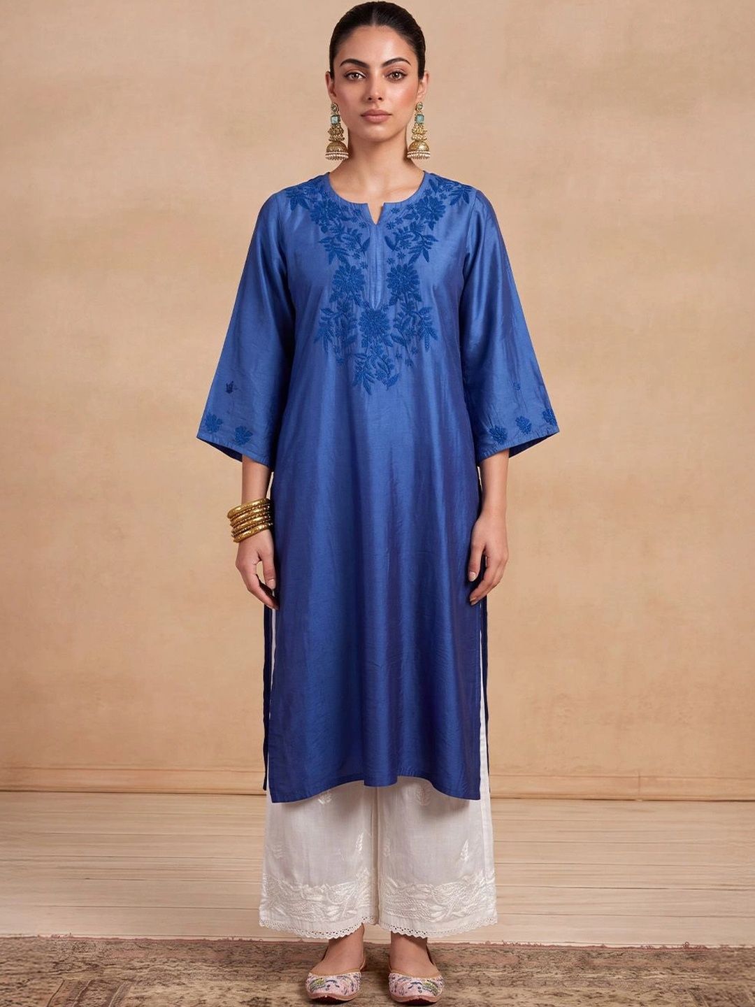 House of Chikankari Women Embroidered Thread Work Chanderi Silk Kurta