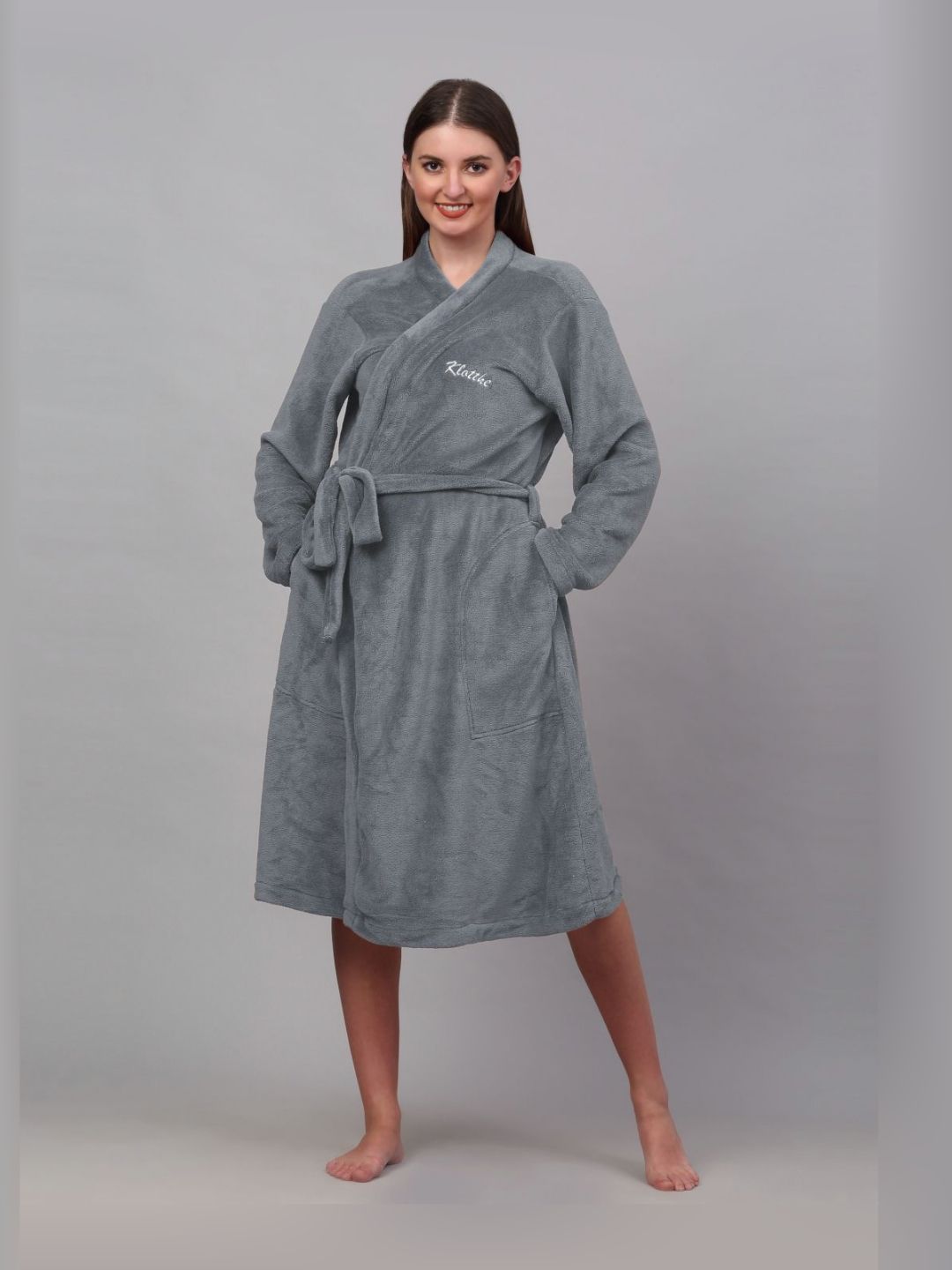 KLOTTHE Grey Woolen Long Sleeve Bath Robe With Belt