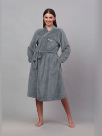 KLOTTHE Grey Woolen Long Sleeve Bath Robe With Belt