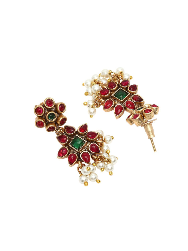 Karatcart Gold-Plated Stone Studded Floral Design Rani Haar Kalung dan Anting-anting