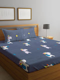 Myntra Elegant Homes Blue Conversational Polycotton 300 TC King Fine Bedsheet with a Pillow Cover-98 x 87 inches