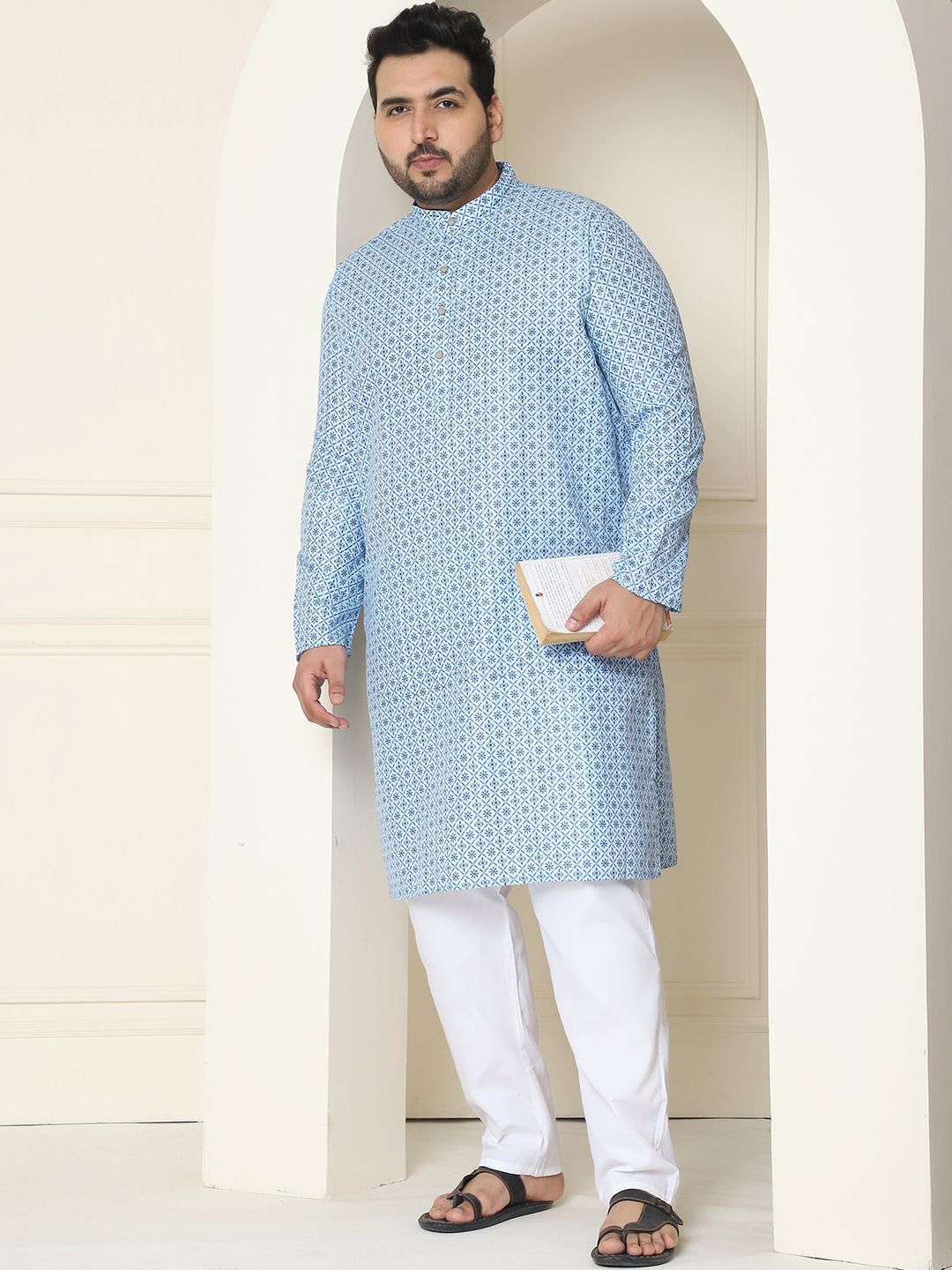 SOJANYA PLUS Floral Embroidered Thread Work Cotton Linen Straight Kurta with Pyjamas