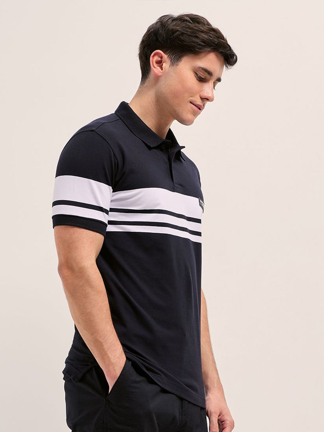 THE BEAR HOUSE Men Striped Polo Collar Cotton T-shirt