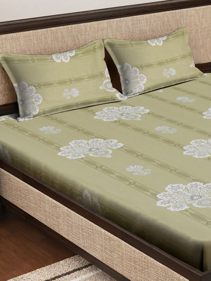 Myntra Elegant Homes Olive Ethnic Motifs Pure Cotton 400 TC Fitted King Superfine Bedsheet with 2 Pillow Covers-250 x 225 cm