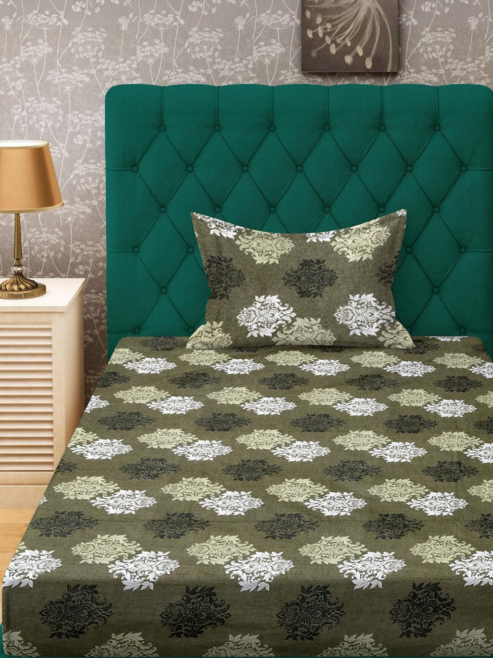 KLOTTHE Olive Floral Cotton Single Bedsheets