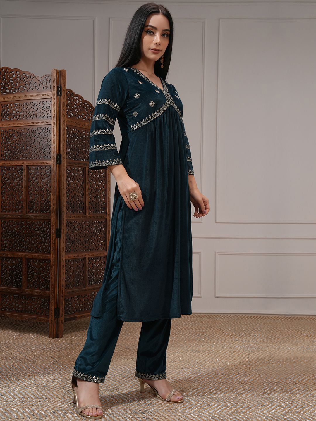 Vishudh Women Embroidered Velvet Gathe Kurta with Slim Palazzo & Dupatta