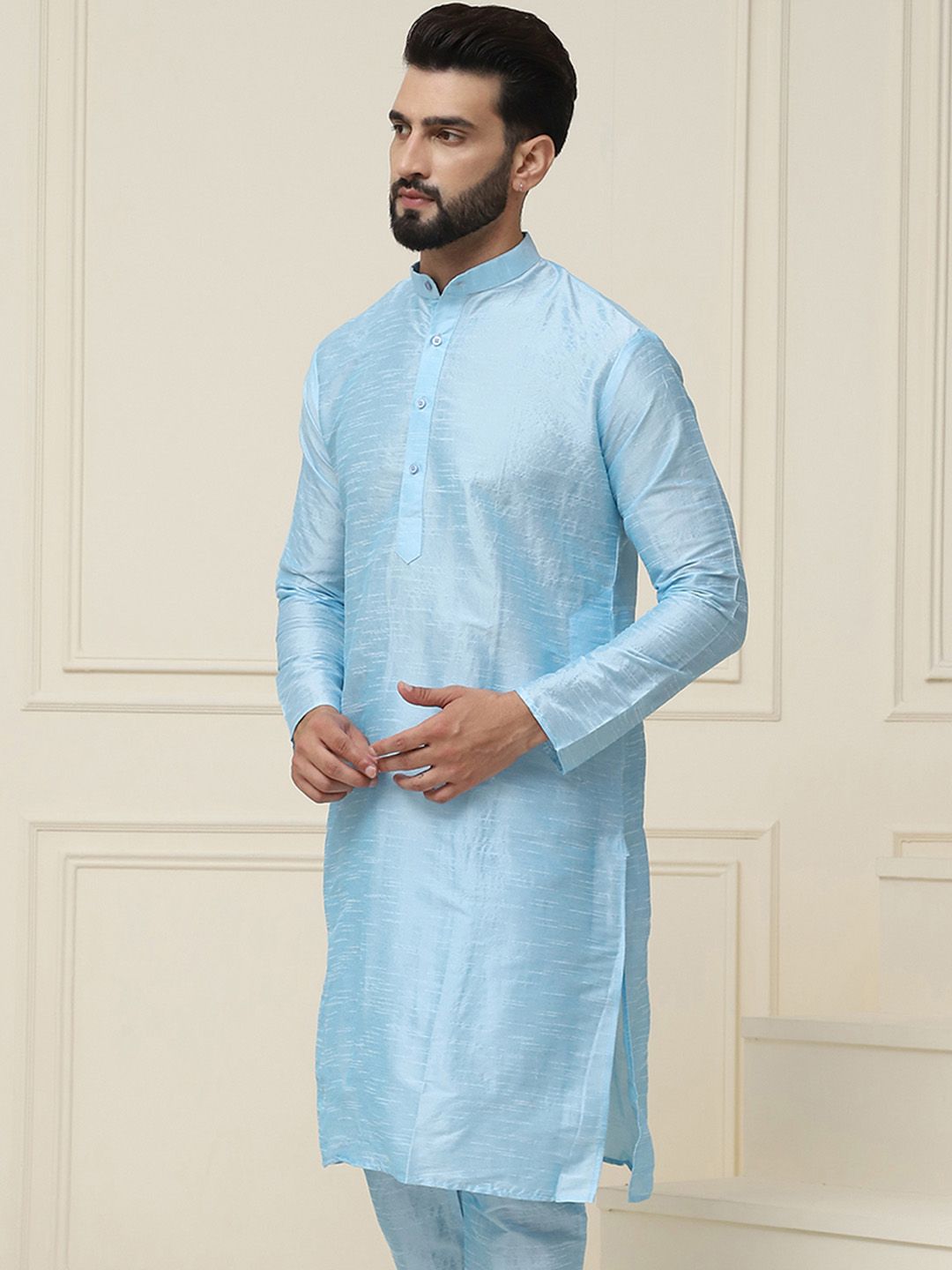 SOJANYA Band Collar Neck Long Sleeves Dupion Silk Straight Kurta
