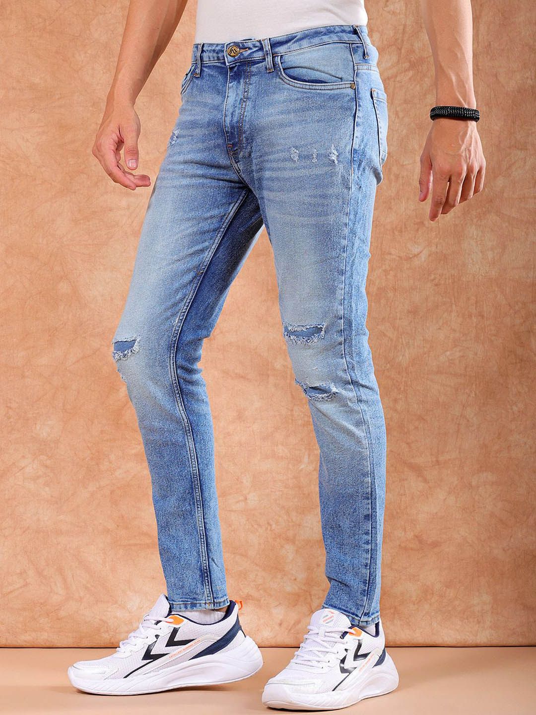 The Indian Garage Co Men Slim Fit Mildly Distressed Heavy Fade Stretchable Jeans