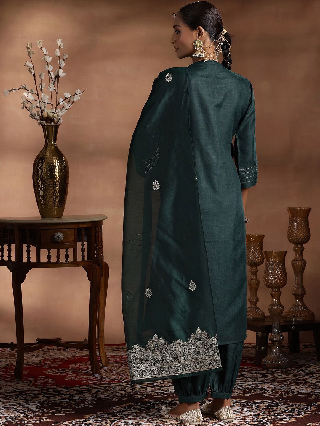 Libas Mandarin Collar Zari Straight Kurta With Salwar & Dupatta
