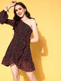 Berrylush Floral Print One Shoulder Bishop Sleeve Ruffled Georgette A-Line Dress
