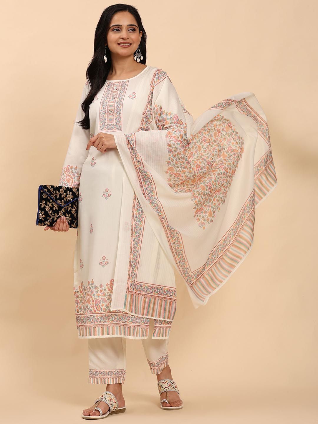 Mamicha Women Floral Printed Regular Pure Cotton Kurta with Trousers & With Dupatta
