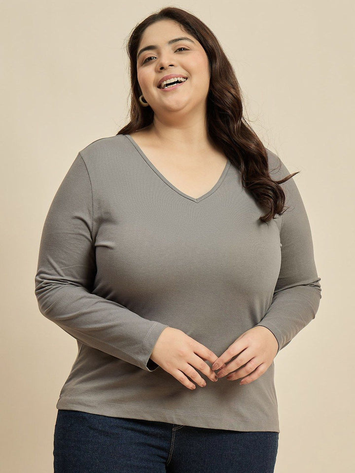 CURVY STREET Women Solid V-Neck Cotton Plus Size T-shirt