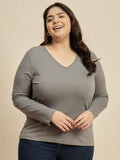 CURVY STREET Women Solid V-Neck Cotton Plus Size T-shirt