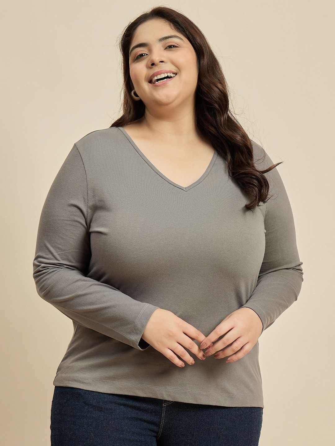 CURVY STREET Women Solid V-Neck Cotton Plus Size T-shirt