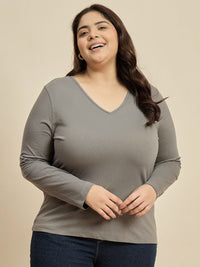 CURVY STREET Women Solid V-Neck Cotton Plus Size T-shirt
