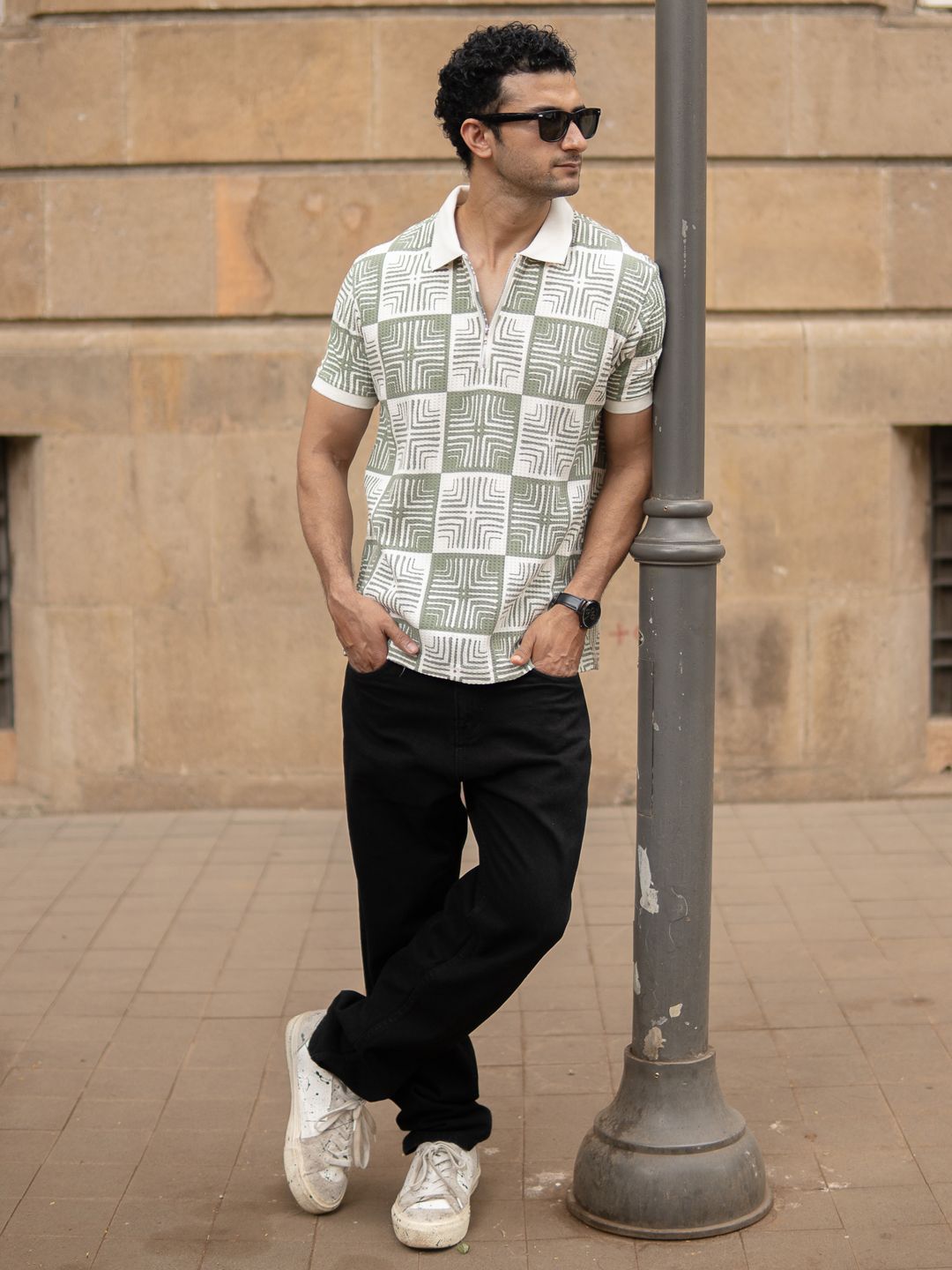 Powerlook SS25 Geometric Printed Polo Collar Pure Cotton T-Shirt