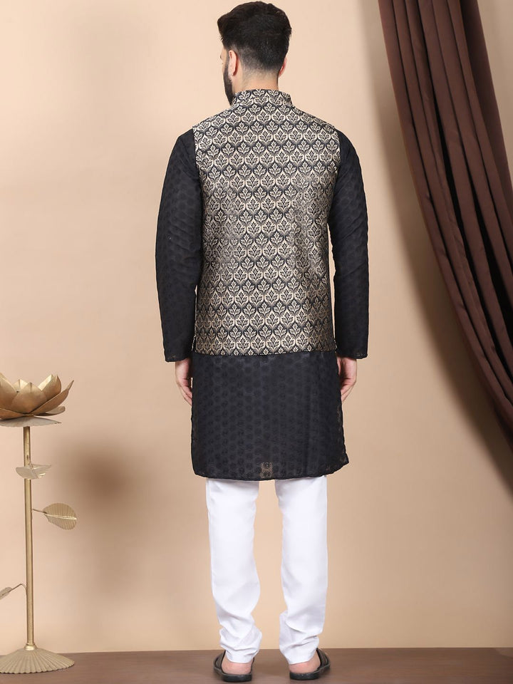 Anouk Black Floral Embroidered Thread Work Pure Cotton Kurta with Churidar & Nehru Jacket