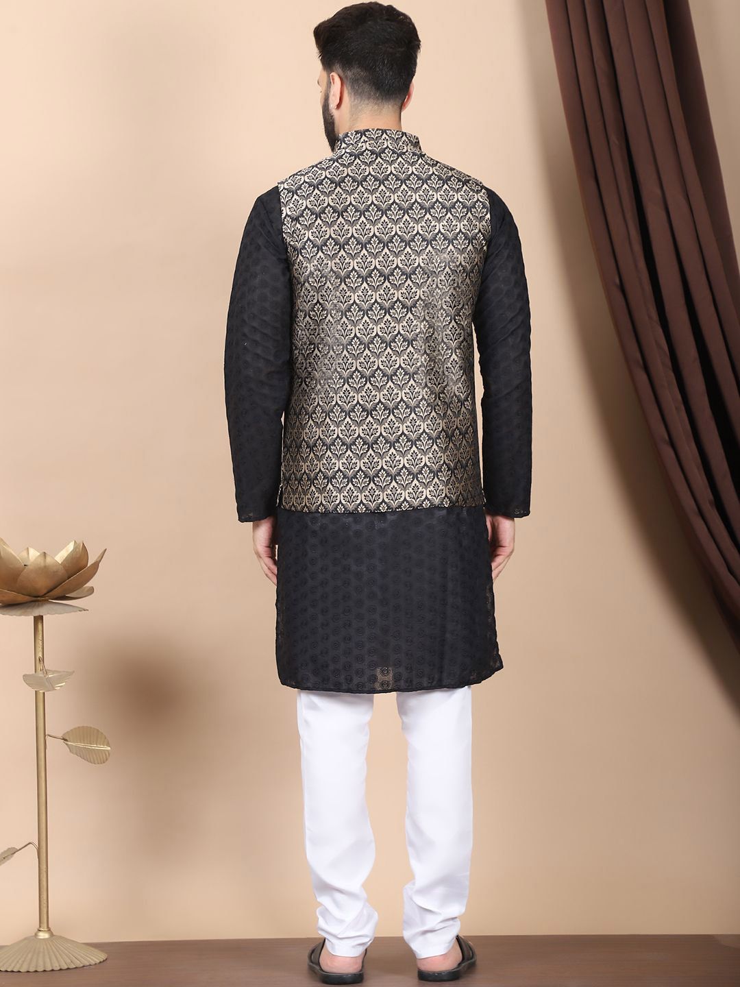 Anouk Black Floral Embroidered Thread Work Pure Cotton Kurta with Churidar & Nehru Jacket