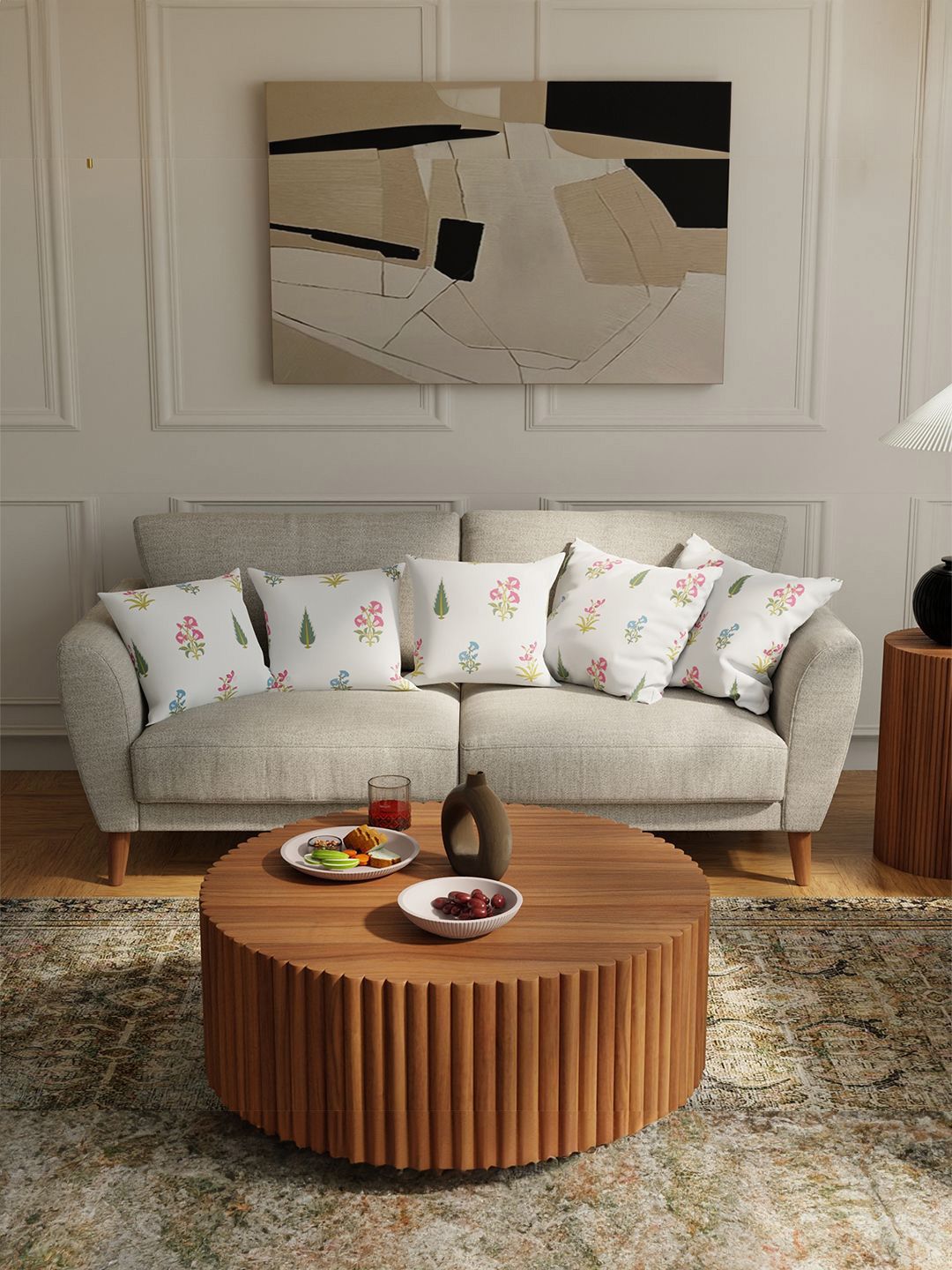 URBAN SPACE White & Red 5 Pieces Floral Printed Cotton Square Cushion Covers