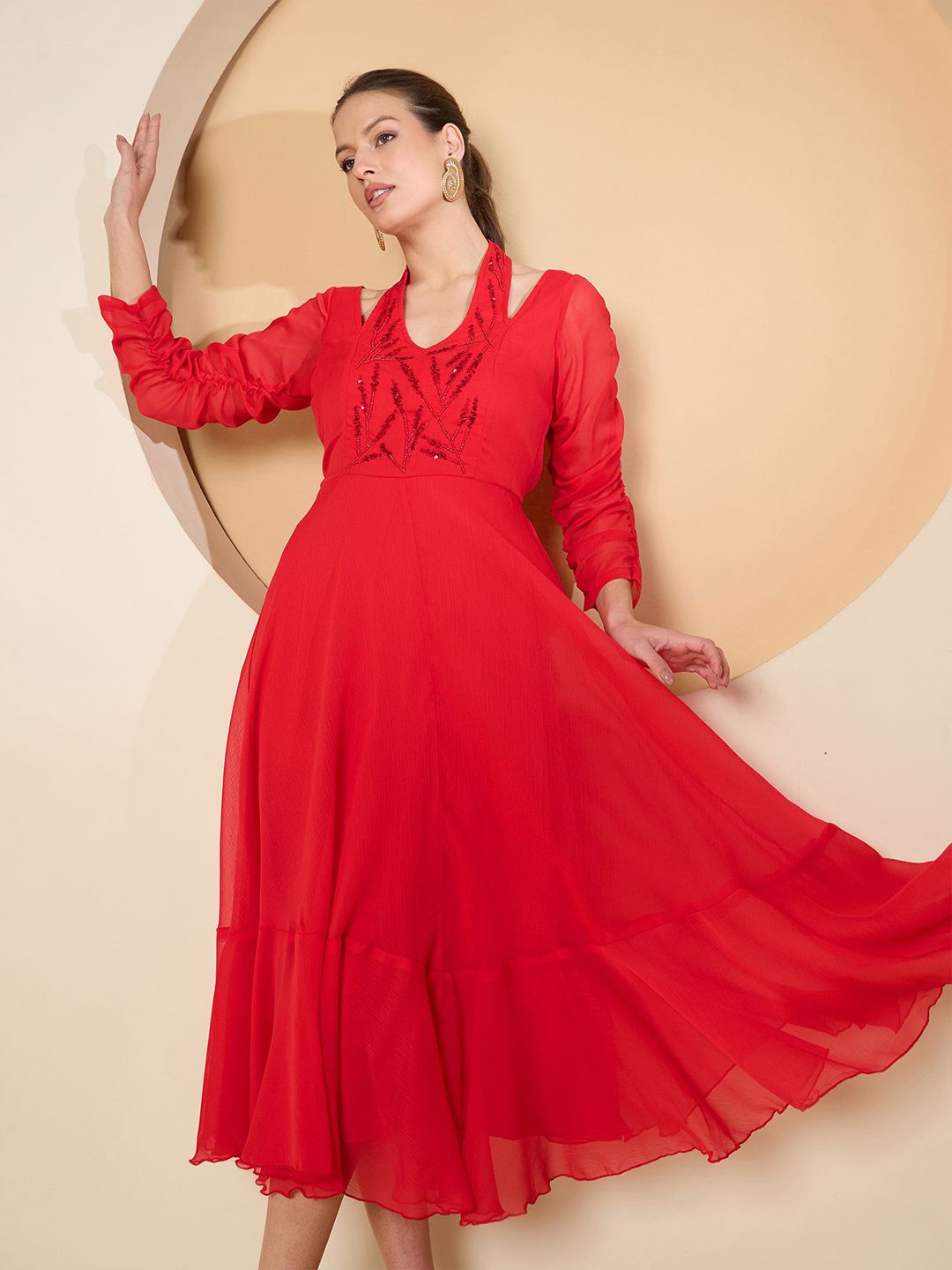 Antheaa Women Halter Neck Chiffon Fit & Flare Embellished Midi Dress