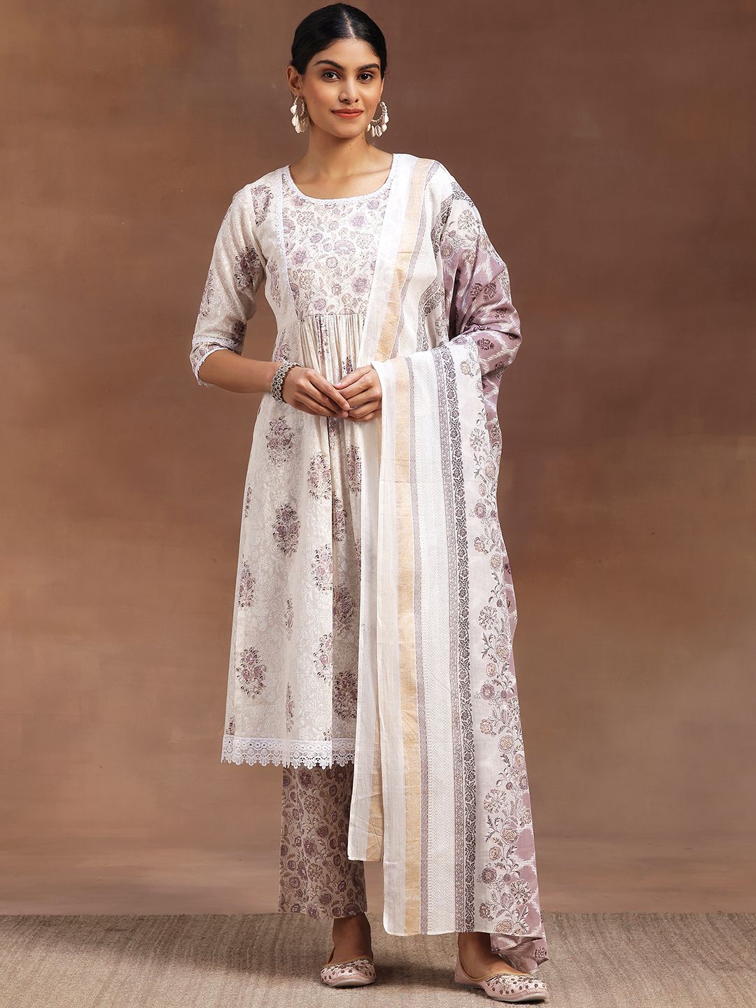 Libas Floral Printed Pleated Pure Cotton Kurta with Trousers & Dupatta