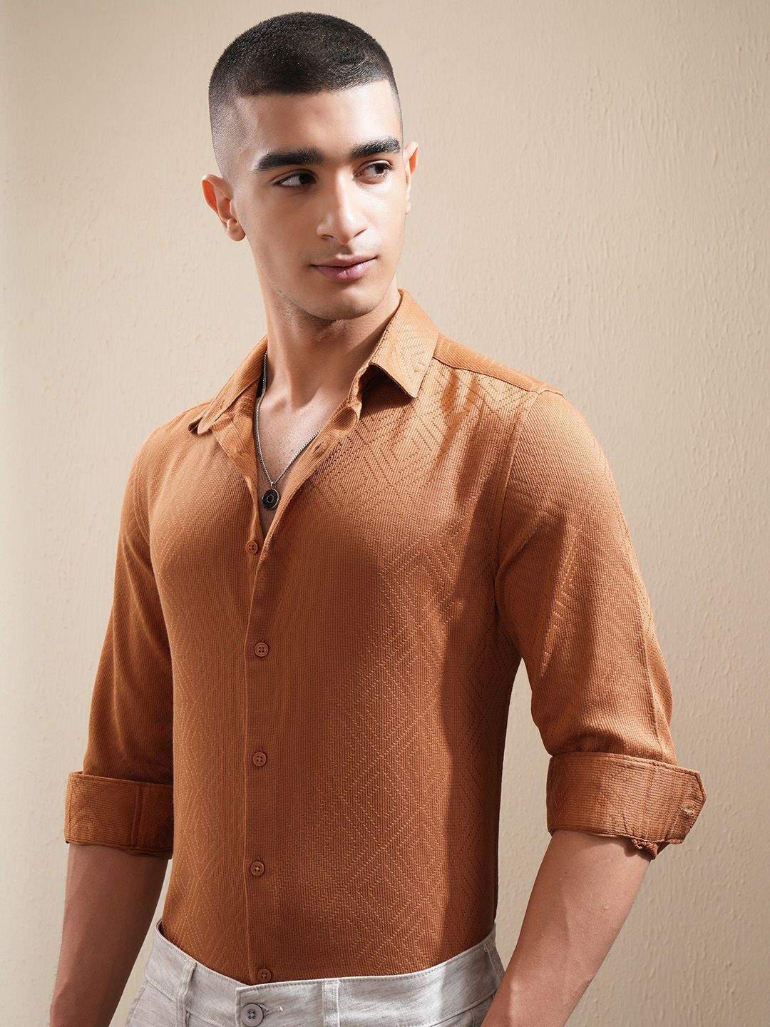 Highlander Men Dobby Textured Solid Day Occasion Shirt