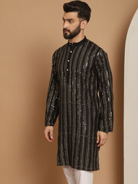 Anouk Kolar Jalur Hitam Berjalur Berlabuci Terperinci Kapas Kurta Lurus