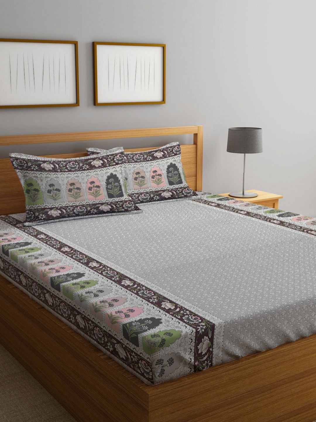 Myntra Elegant Homes Grey Ethnic Motifs Cotton 400 TC King Fine Bedsheet with 2 Pillow Covers-250 x 225 cm