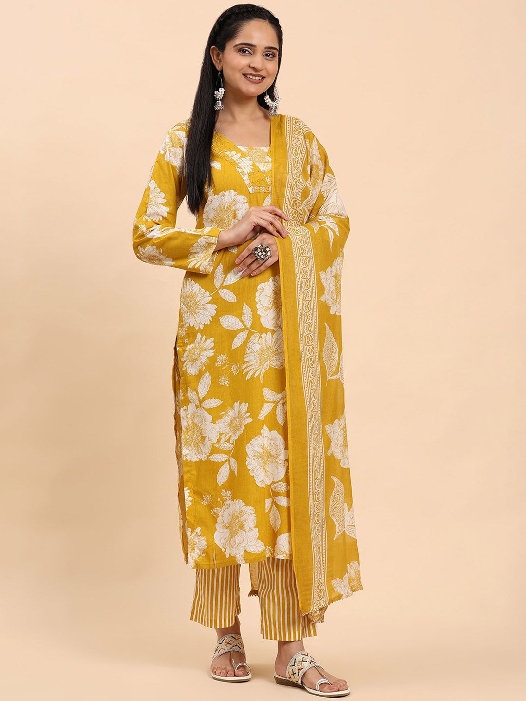 Mamicha Wanita Bercetak Kurta Kapas Tulen Biasa dengan Palazzos & Dengan Dupatta