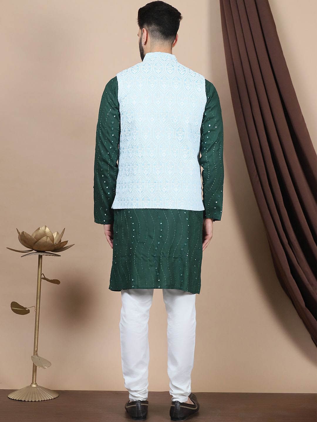 Anouk Green Floral Embroidered Straight Sequinned Pure Cotton Kurta with Churidar