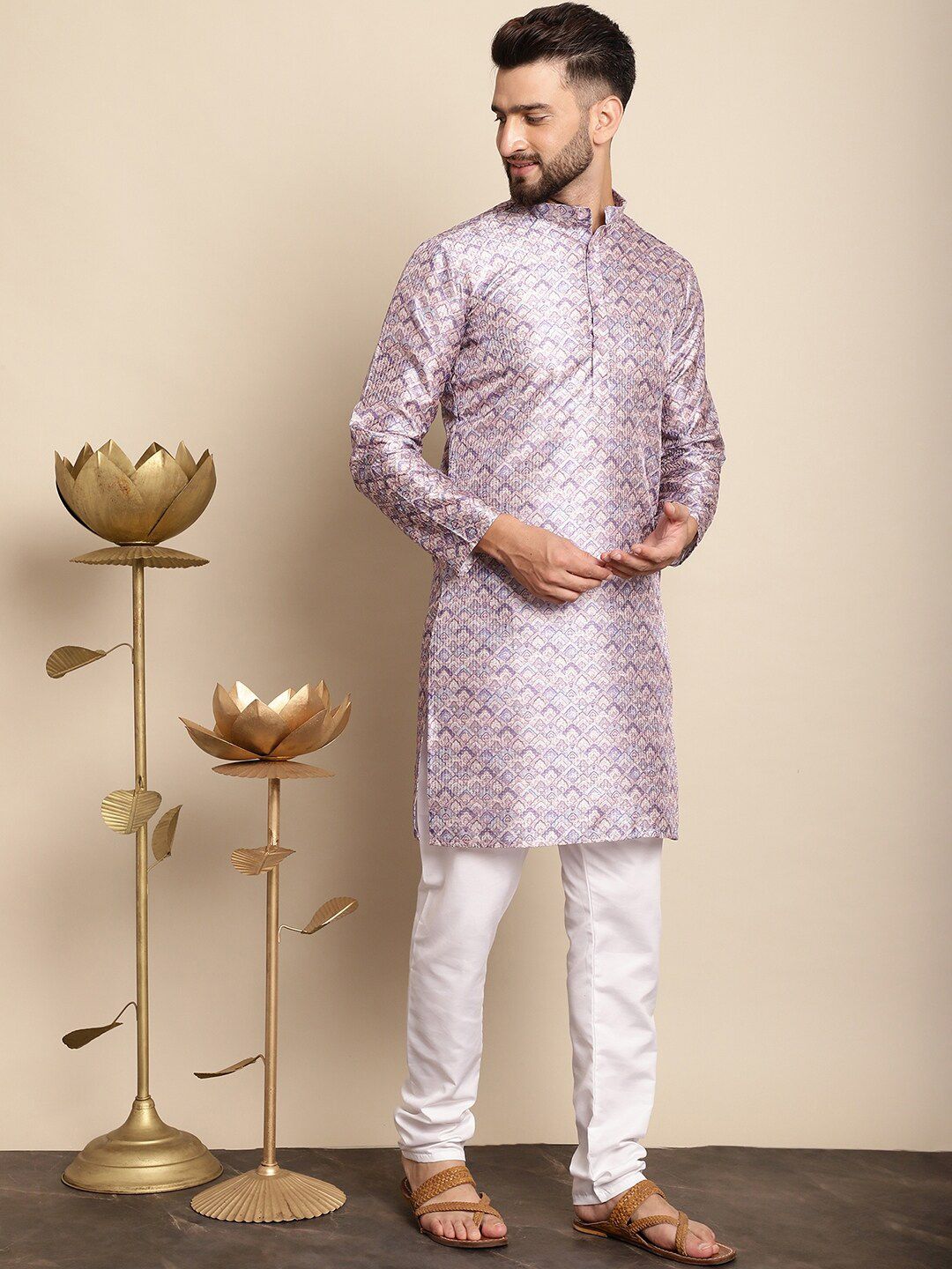 Anouk Ethnic Motifs Printed Band Collar Thread Work Detail Straight Kurta with Churidar