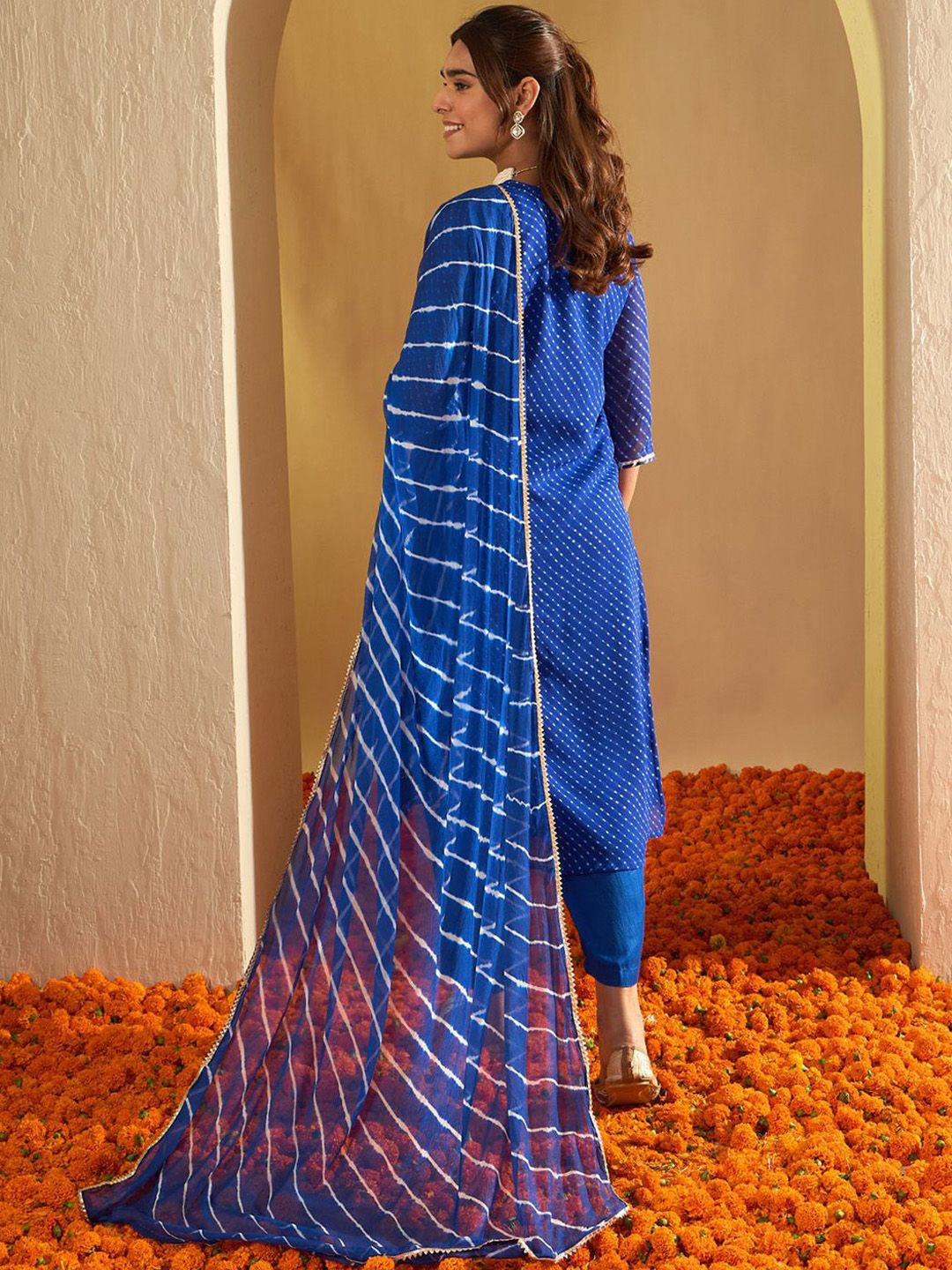 Indo Era Leheriya Embroidered Georgette Straight Kurta With Trousers & Dupatta