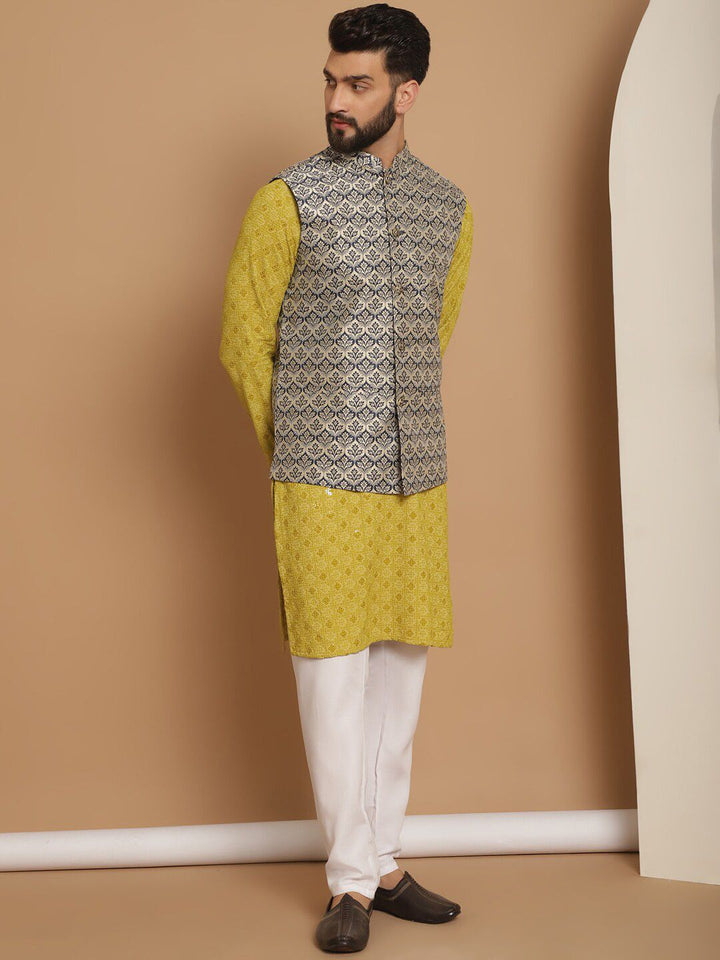 Anouk Green Woven Design Embroidered Regular Mandarin Collar Straight Kurta & Churidar