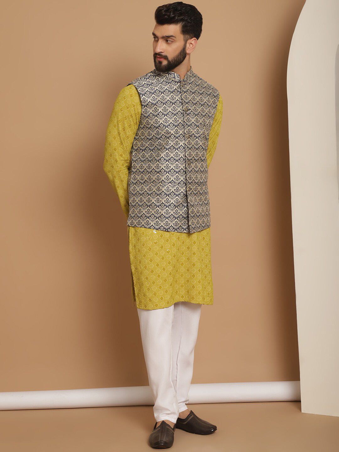 Anouk Green Woven Design Embroidered Regular Mandarin Collar Straight Kurta & Churidar