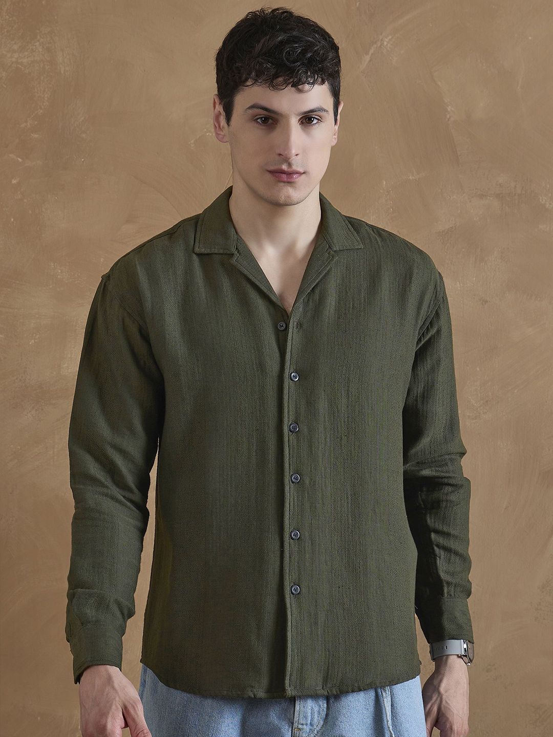 DENNISON Men Olive Double Gauge Self Design Shirt