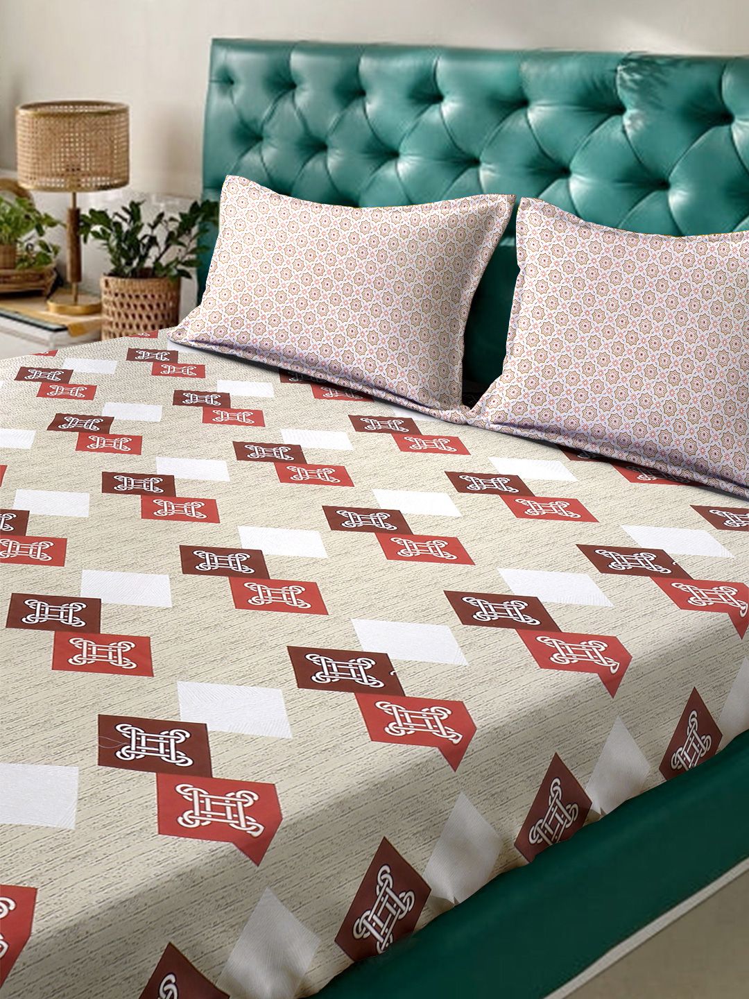 Myntra Elegant Homes Beige Geometric 400TC Kapas Dilengkapi Set Cadar King 2.50 m x 2.25 m