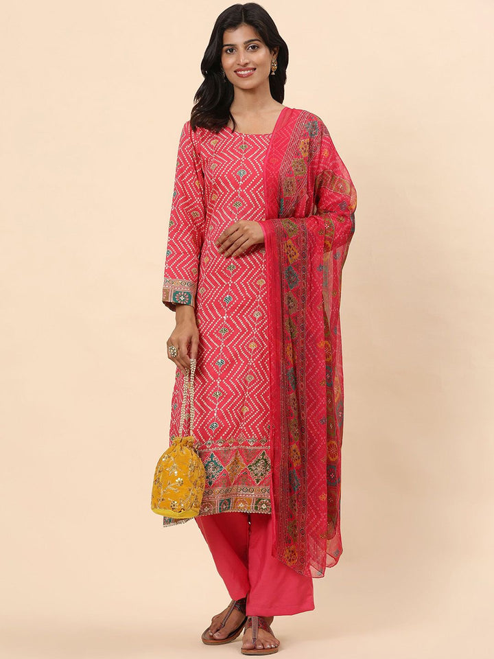 Mamicha Women Bandhani Printed Regular Sequinned Pure Cotton Kurta with Trousers & With Dupatta